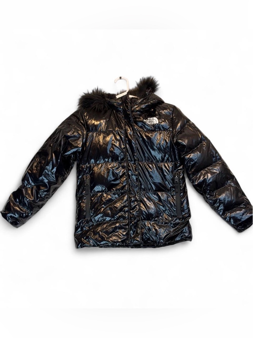 The North Face Kids Shiny Black Puffer Jacket with Faux Fur Hood